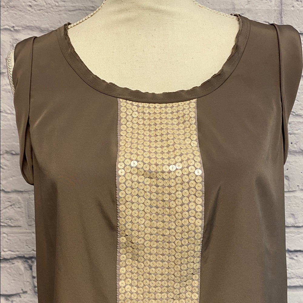 Ann Taylor Loft Satin Brown Sleeveless Top with Cream Sequins Size MP - Picture 2 of 9